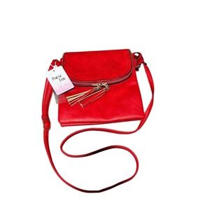 Red Crossbody Bag with Tassel Vegan Leather Adjustable Straps Medium Holiday